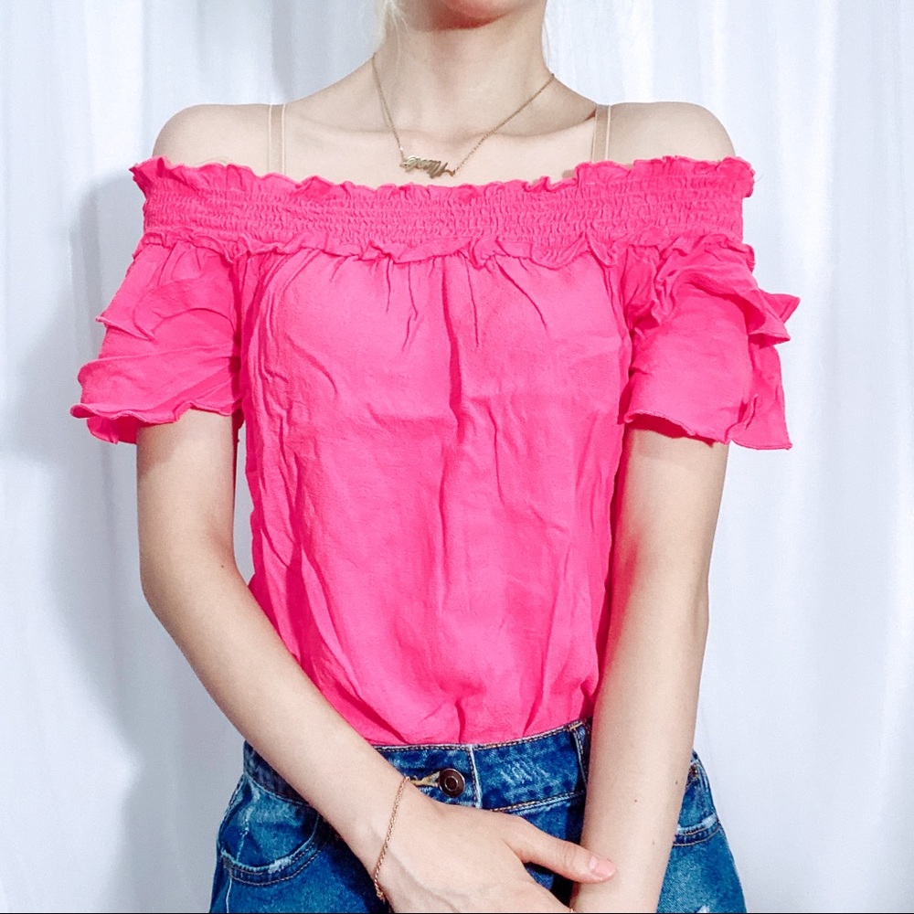 Ruffle Off Shoulder Blouse Hot Pink Small - Picture 1 of 6